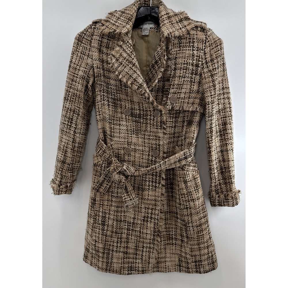 Newport News Sz 10‎ Vtg Tweed Fring Belted Lined  Jacket Double Breasted